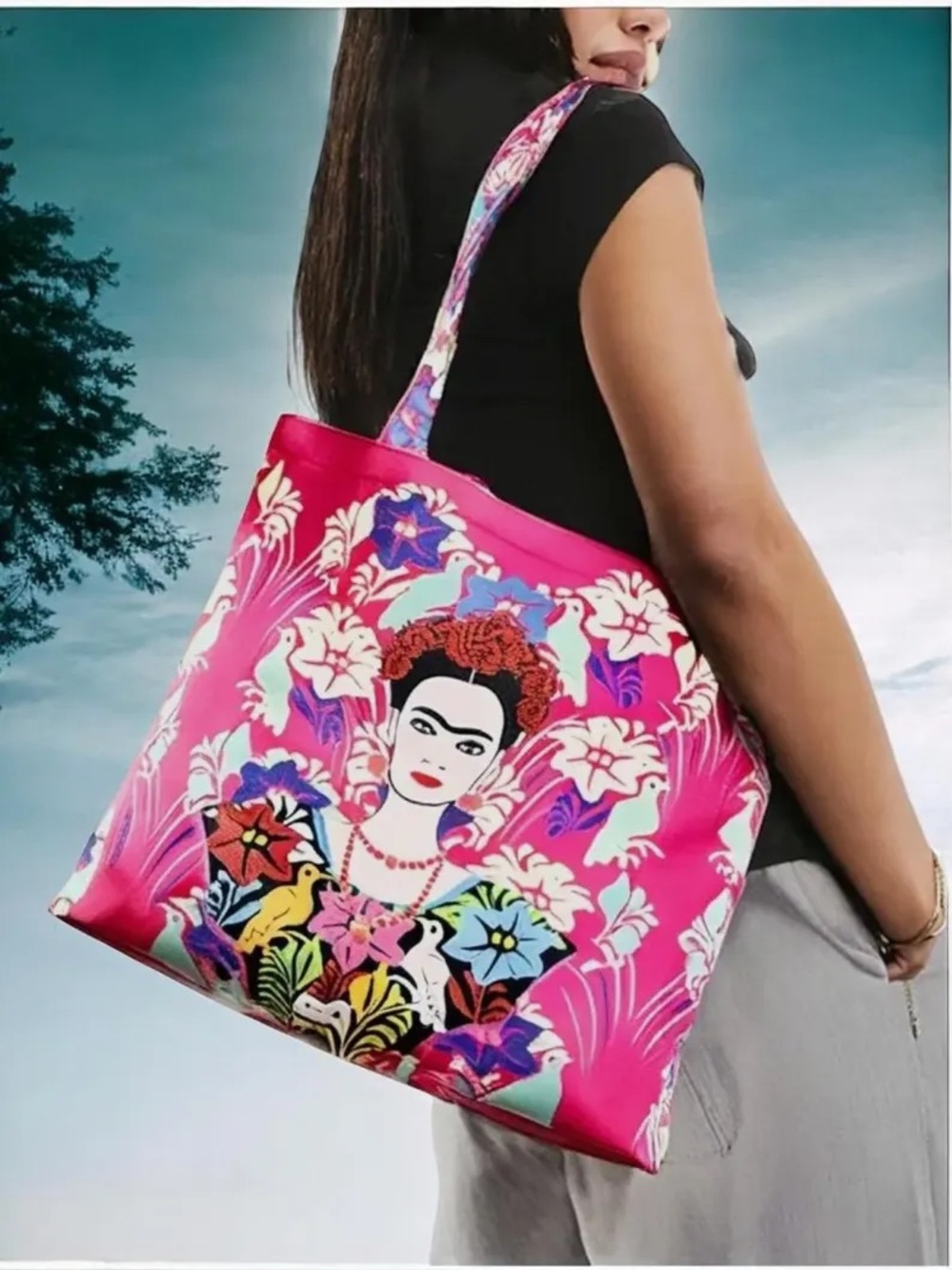 Frida Kahlo Inspired Pink Floral Tote Bag